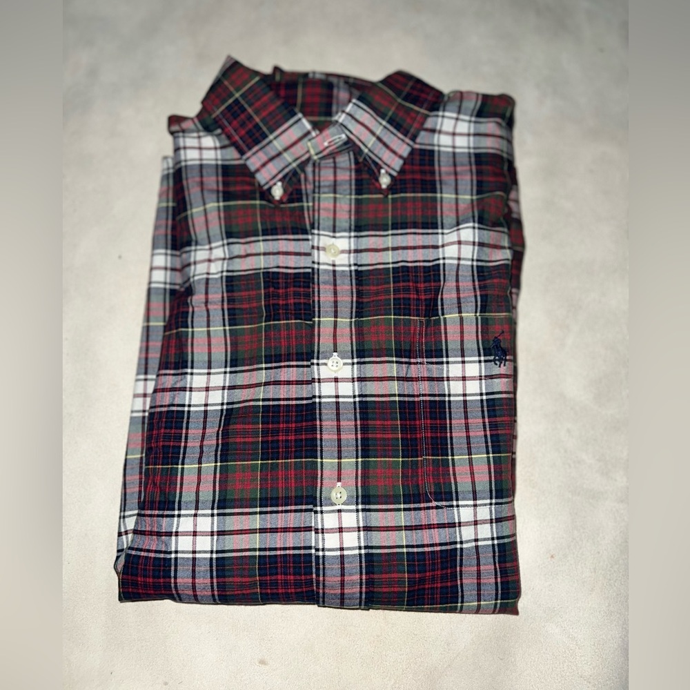 Men's RALPH LAUREN Red White Green Plaid Oxford Shirt Large Classic Fit